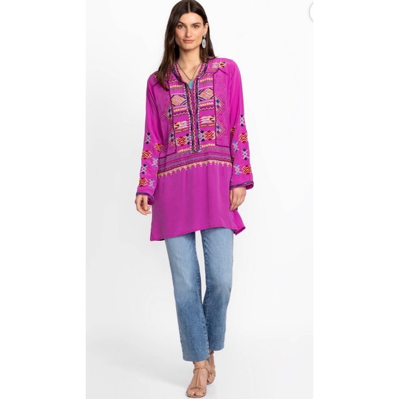 Johnny Was Tops - Johnny Was Miraz Tunic 100% Silk Embroidered Boho Long Sleeve S